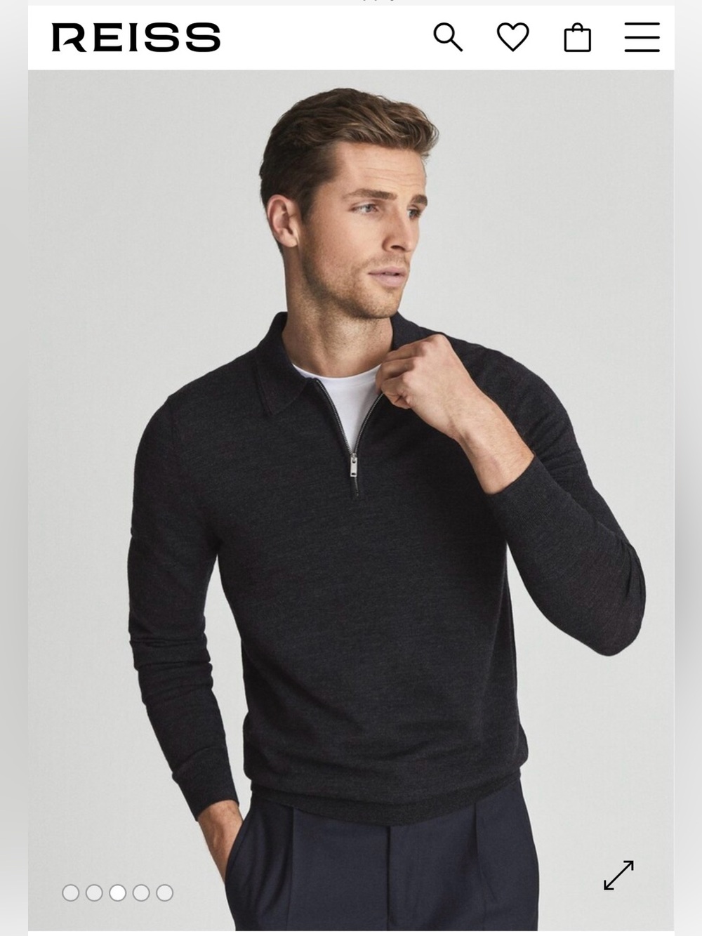 REISS Robertson Merino Wool Quarter Zip Polo Sweater Charcoal Gray Large
